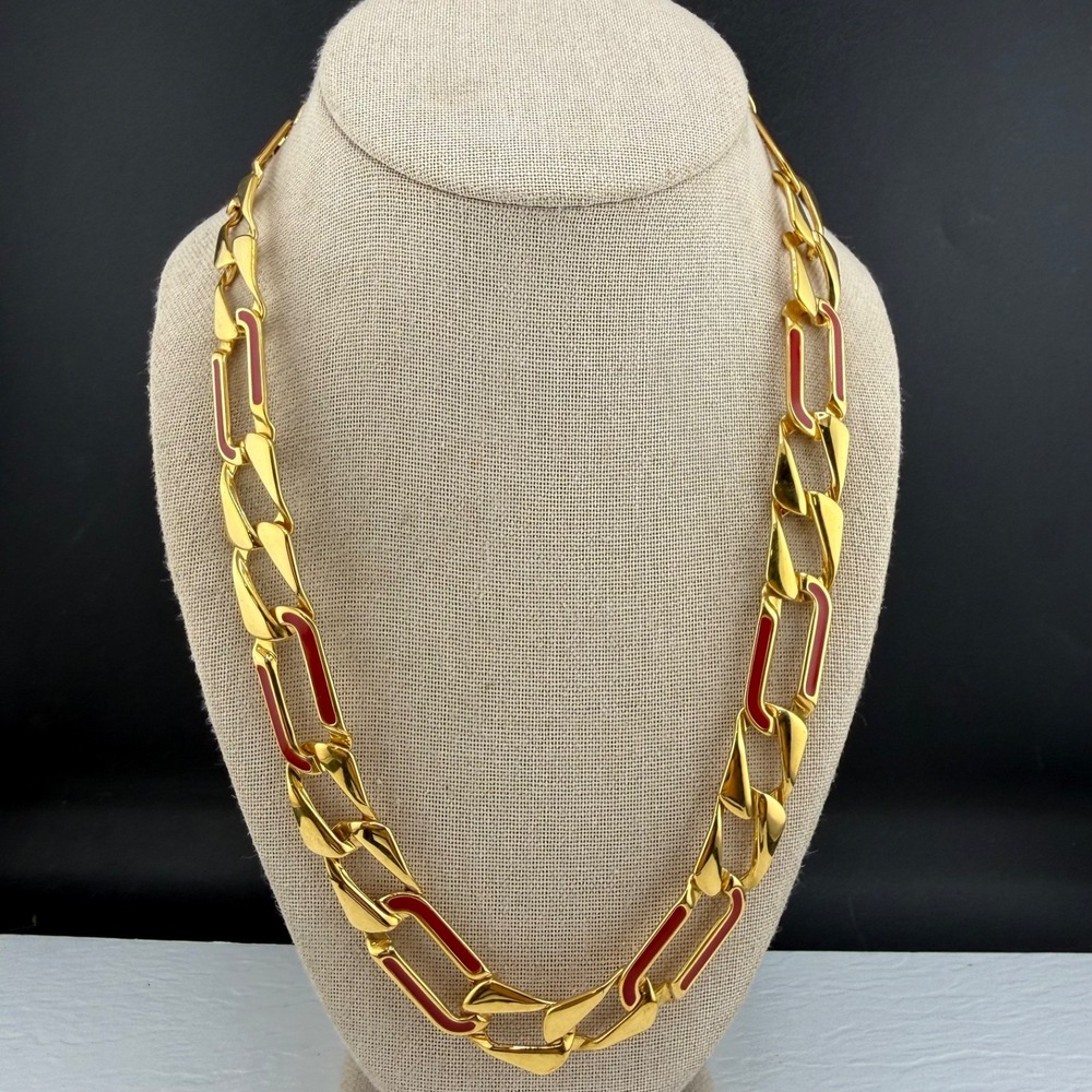 Vintage Monet Necklace Gold Tone Chain Link Red Enamel 22”